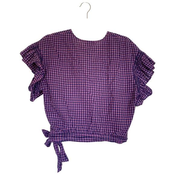 MADEWELL Flutter-Sleeve Side-Tie Wrap Top in Plaid Burnished Rose Size Medium - Picture 4 of 9